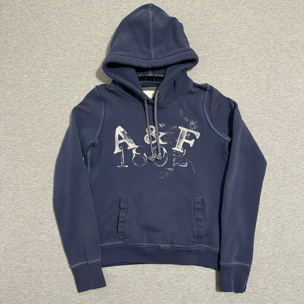 Abercrombie & Fitch Navy Blue Graphic Logo Pullover Hoodie Y2K Womens Large